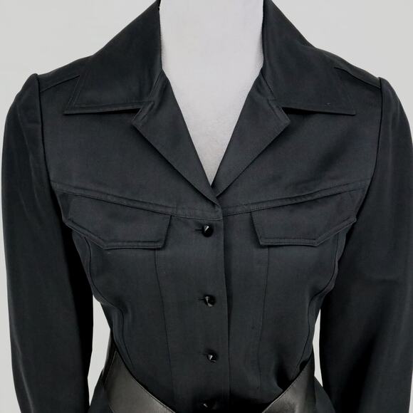 Carmen Marc Valvo Jacket Womens 4 Black Crop Fitted and Leather Belt Size Small - Picture 7 of 16